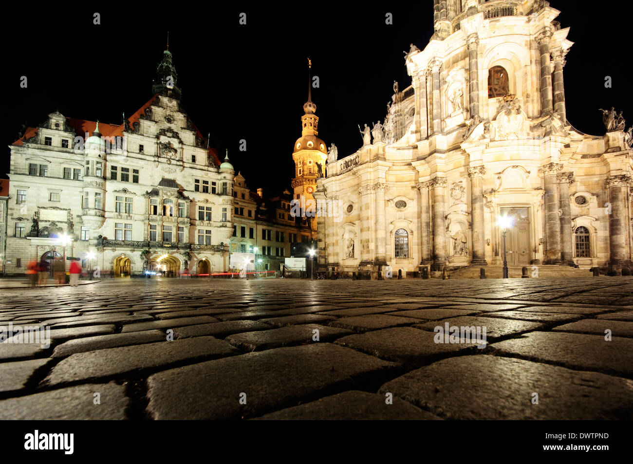 Germany, Saxony, Dresden, Residenzschloss Castle and  Katholische Hofkirche Church at Night. Stock Photo