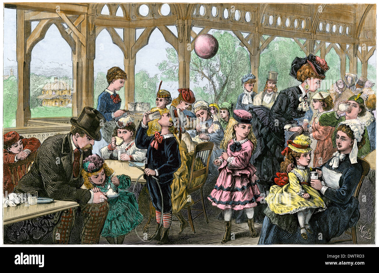 Children drinking milk at the dairy in Central Park, New York City, 1870s. Hand-colored woodcut Stock Photo