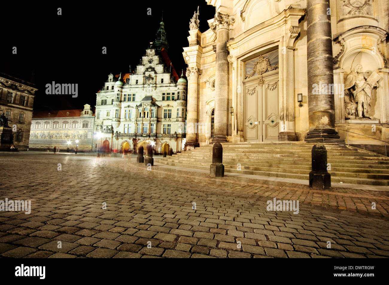Germany, Saxony, Dresden, View of Katholische Hofkirche Church background Castle at Night. Stock Photo