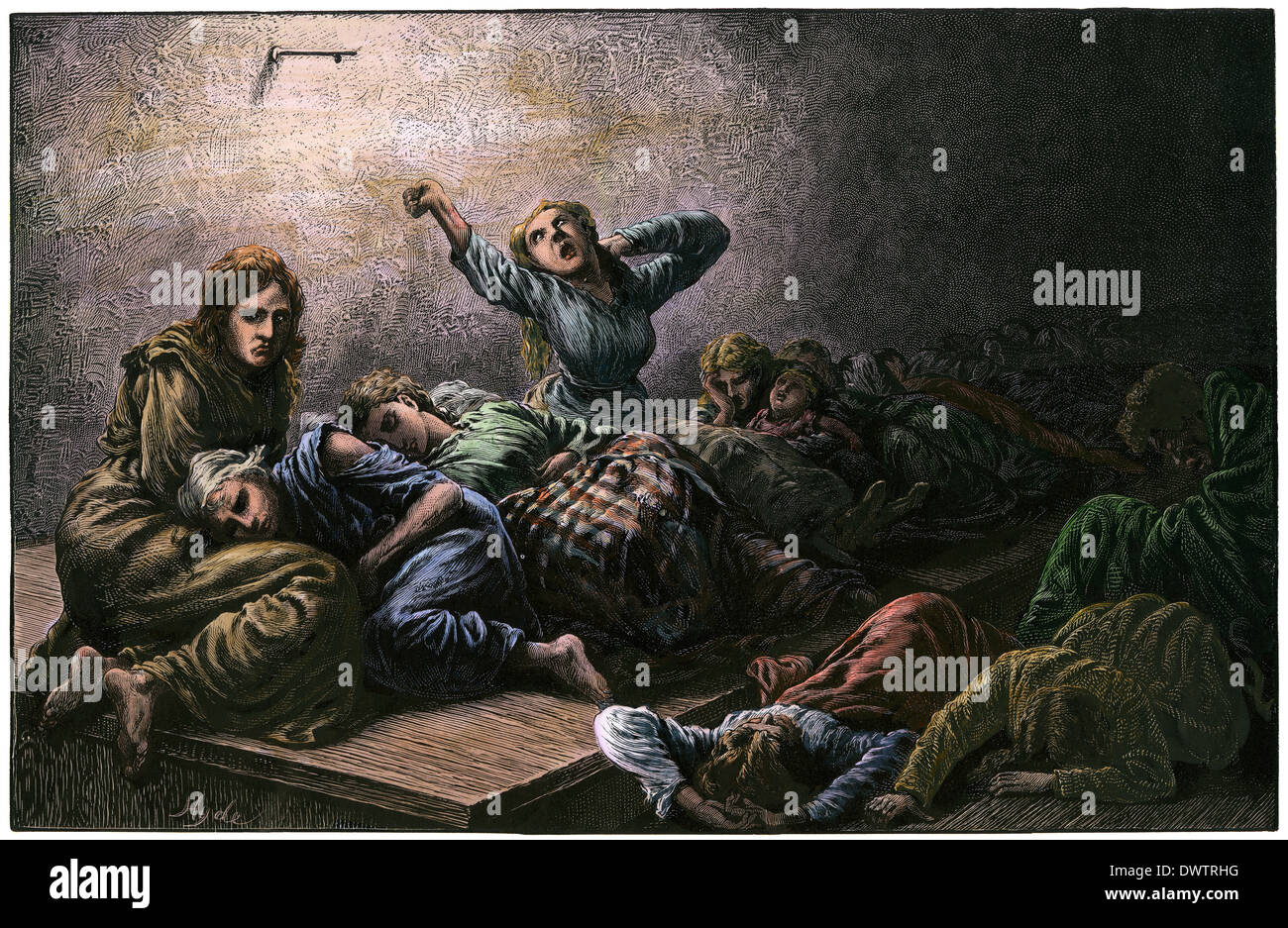 Homeless women in a female lodging-room over a New York City police station, 1870s. Hand-colored woodcut Stock Photo
