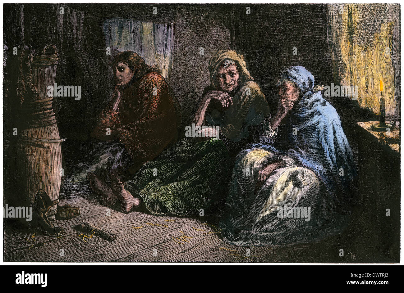 Homeless women talking about better times in a charity shelter in New York City, 1870s. Hand-colored woodcut Stock Photo