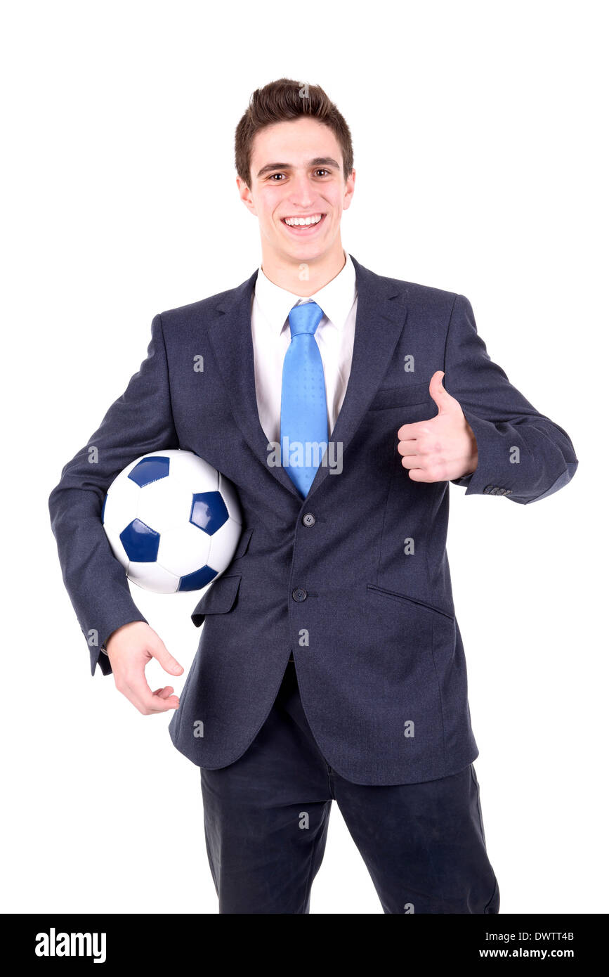 Businessman with soccer ball isolated in white Stock Photo - Alamy