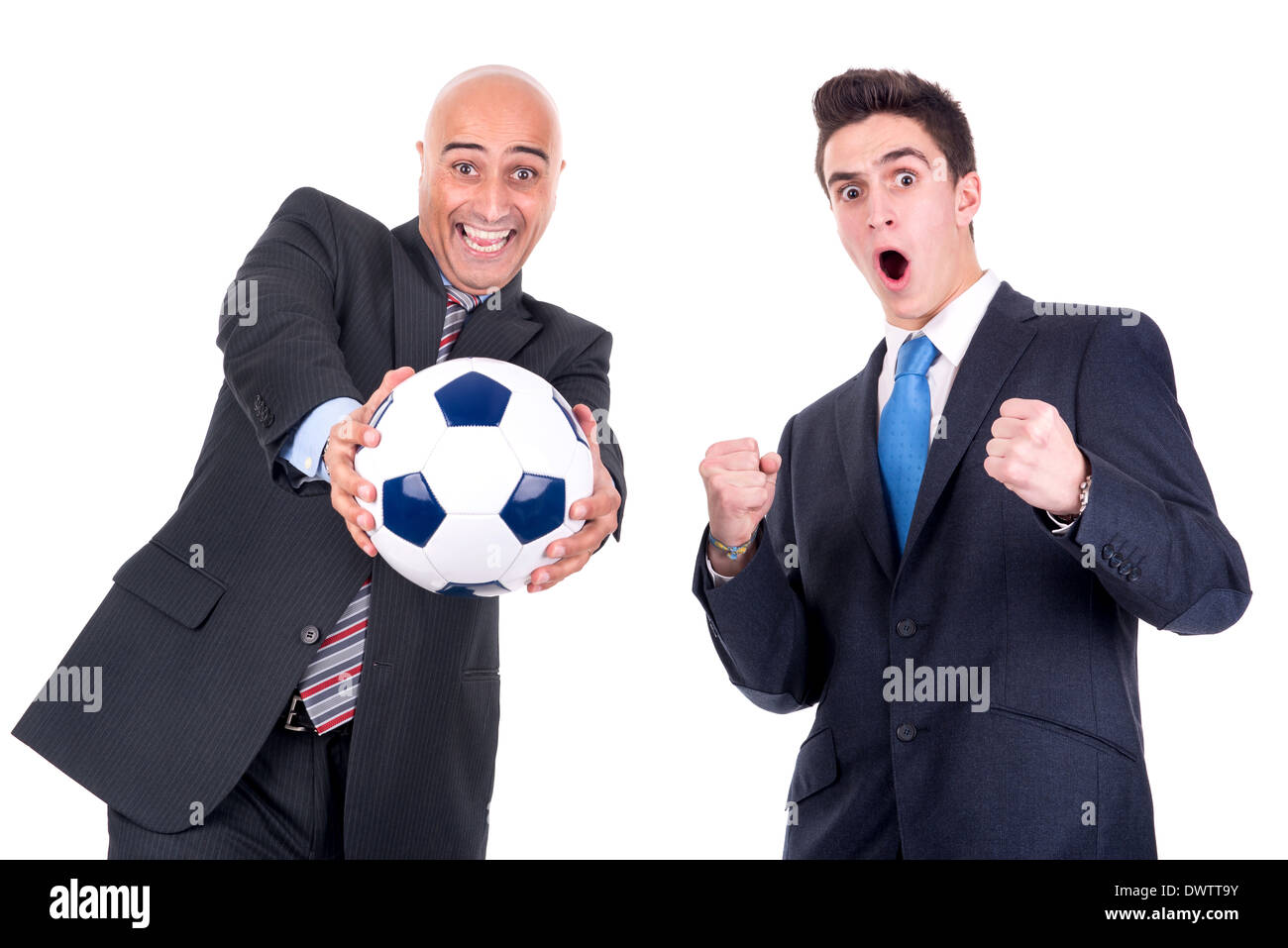 Happy businessmen with a soccer ball isolated in white Stock Photo - Alamy