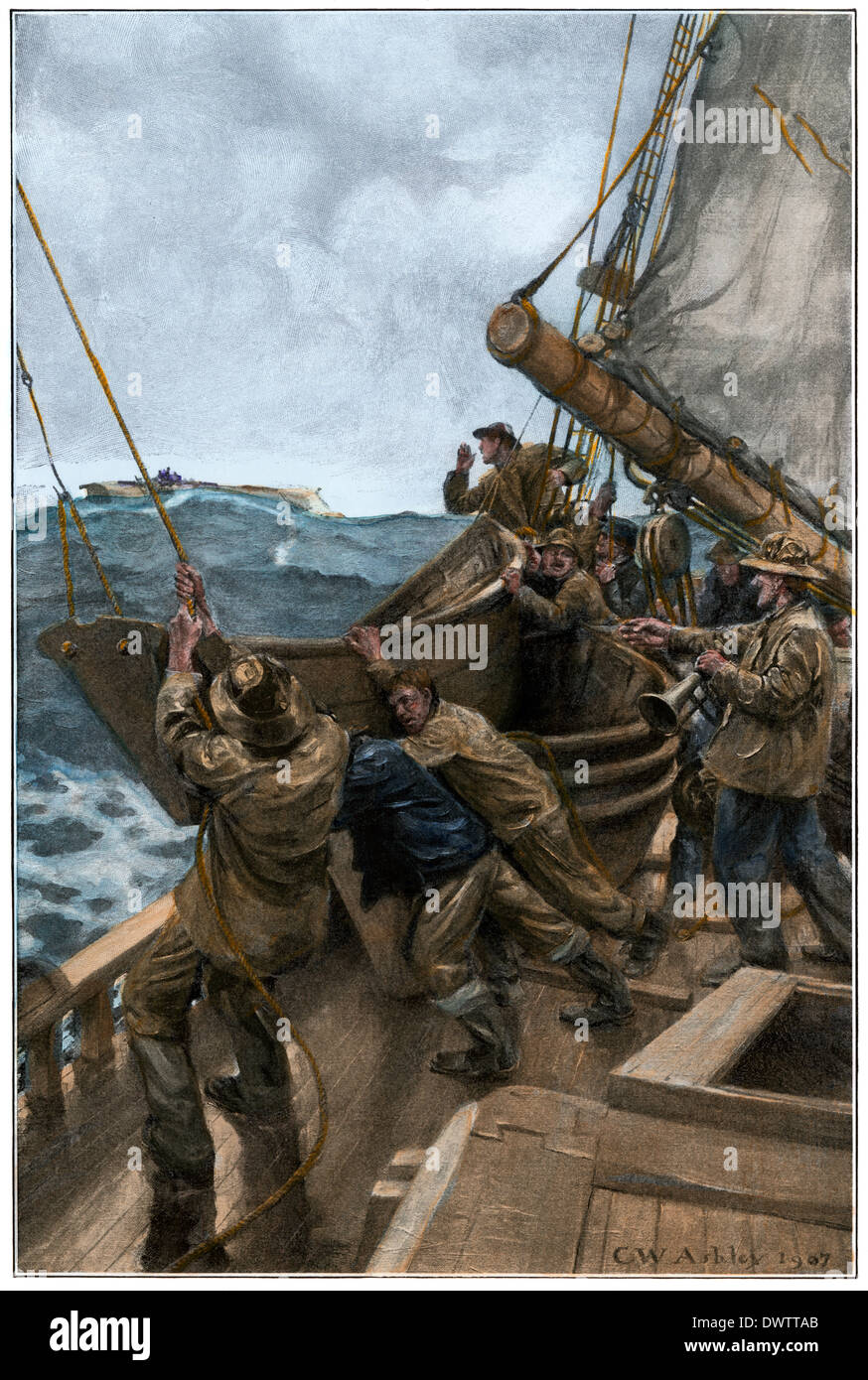 Sailors lowering a lifeboat to rescue shipwrecked sailors, early 1900s. Hand-colored halftone of an illustration Stock Photo