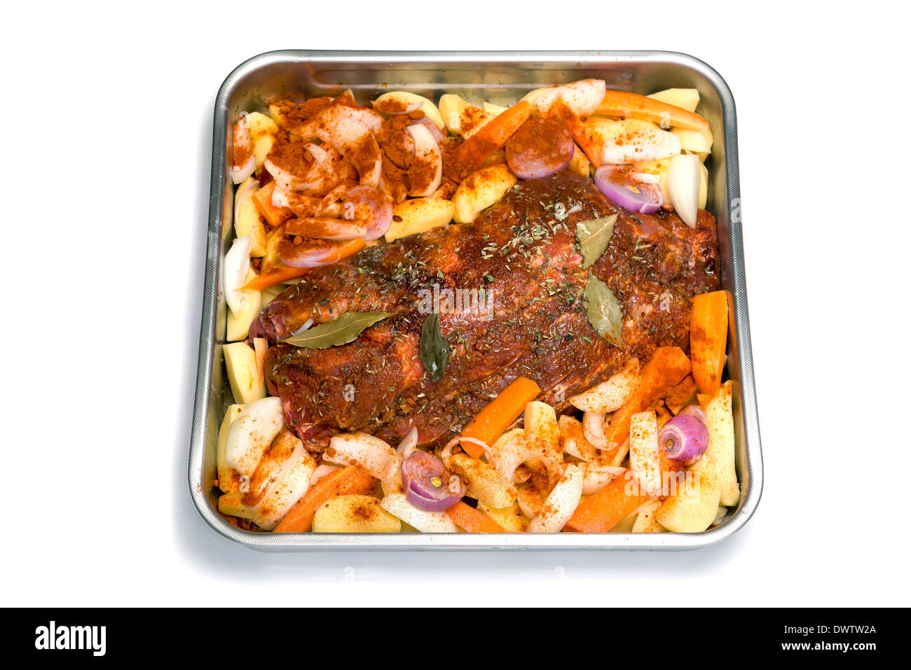 Oven tray with roast meat dinner Stock Photo