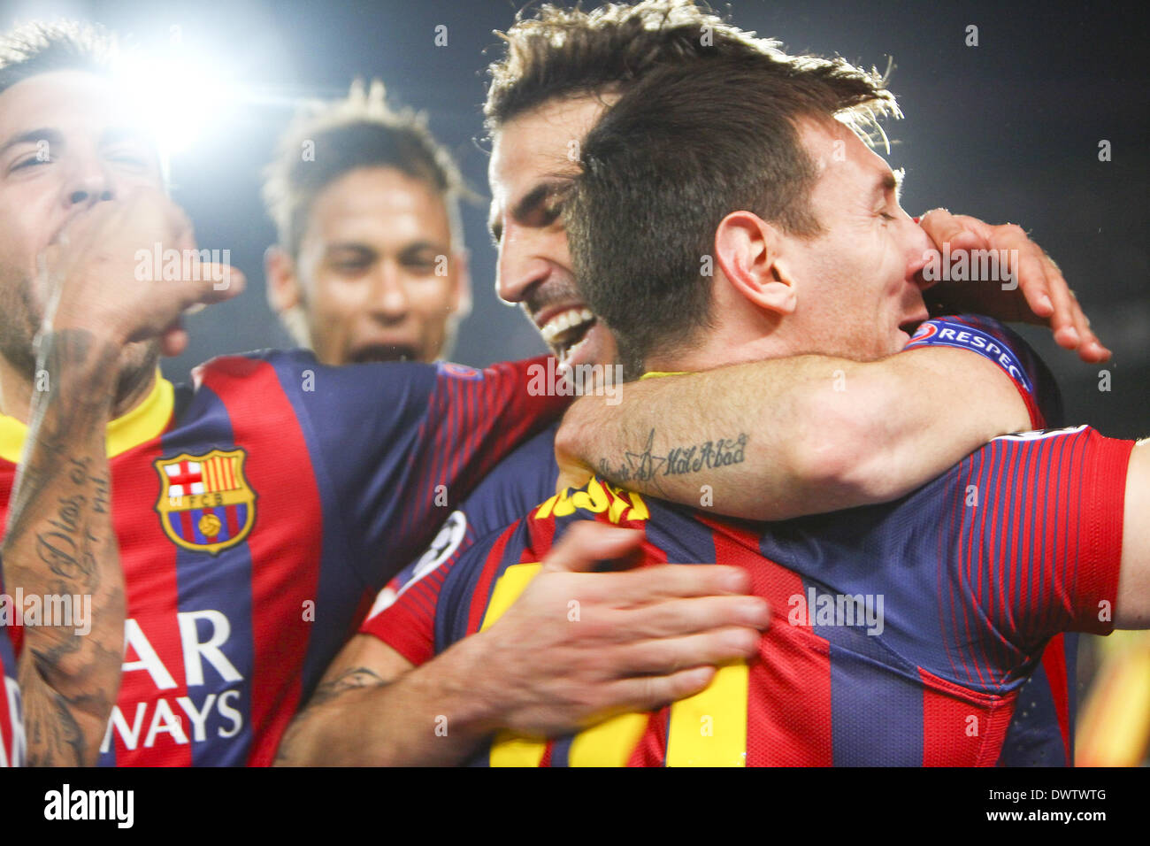 Barcellona, Spain. 12th Mar, 2014. Neymar, Leo Messi, Cesc Fabregas and Jordi Alba celebrating the goal in the match between FC Barcelona and Manchester City, for the second leg of the round of 16 of the Champions League match at the Camp Nou on March 12, 2014. Photo: Ricard Rovira/Urbanandsport/Nurphoto. Credit:  Ricard Rovira/NurPhoto/ZUMAPRESS.com/Alamy Live News Stock Photo