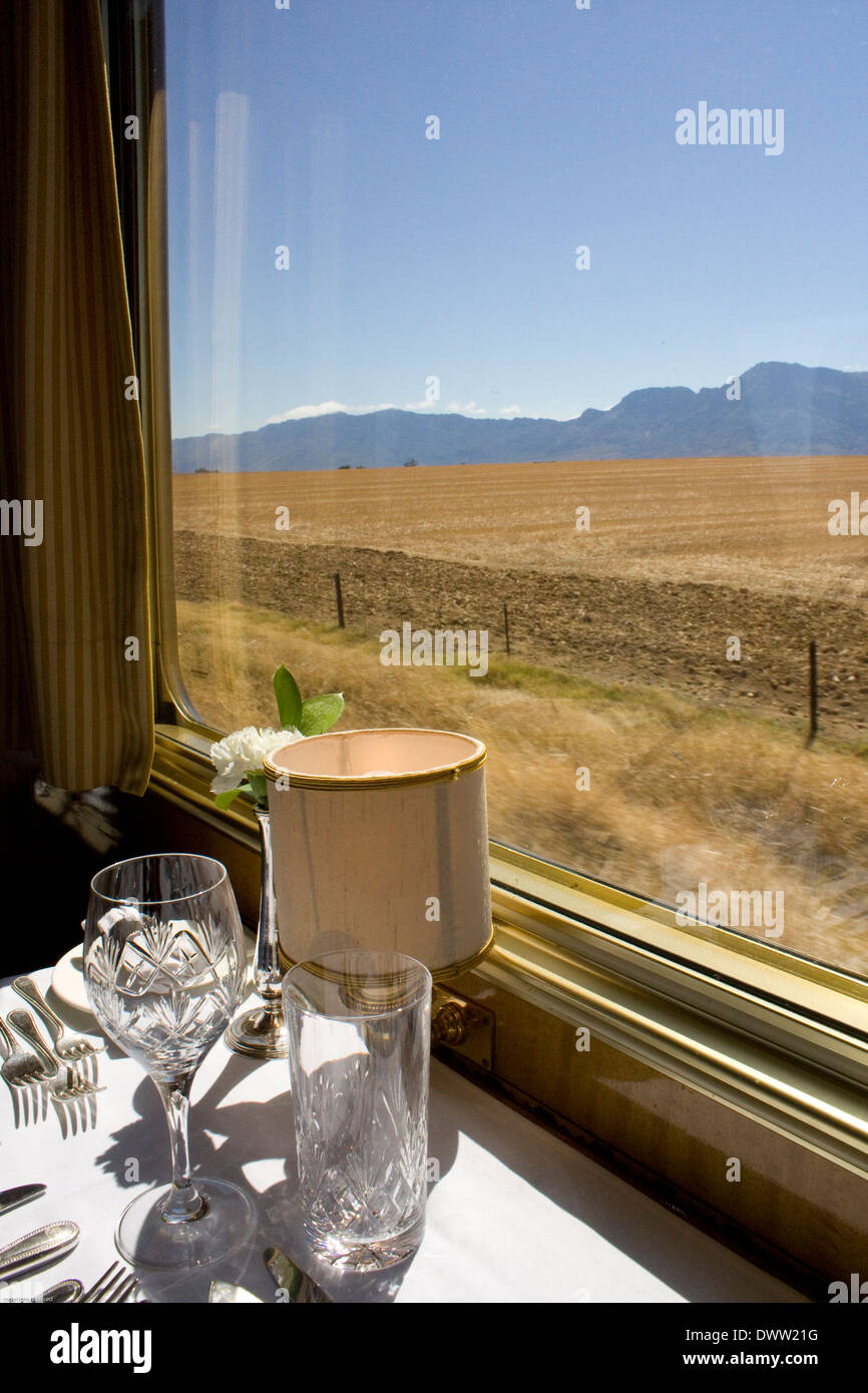 Rooms with a view: the vineyards and wheatfields near Gouda in the Boland from the dining car. Stock Photo
