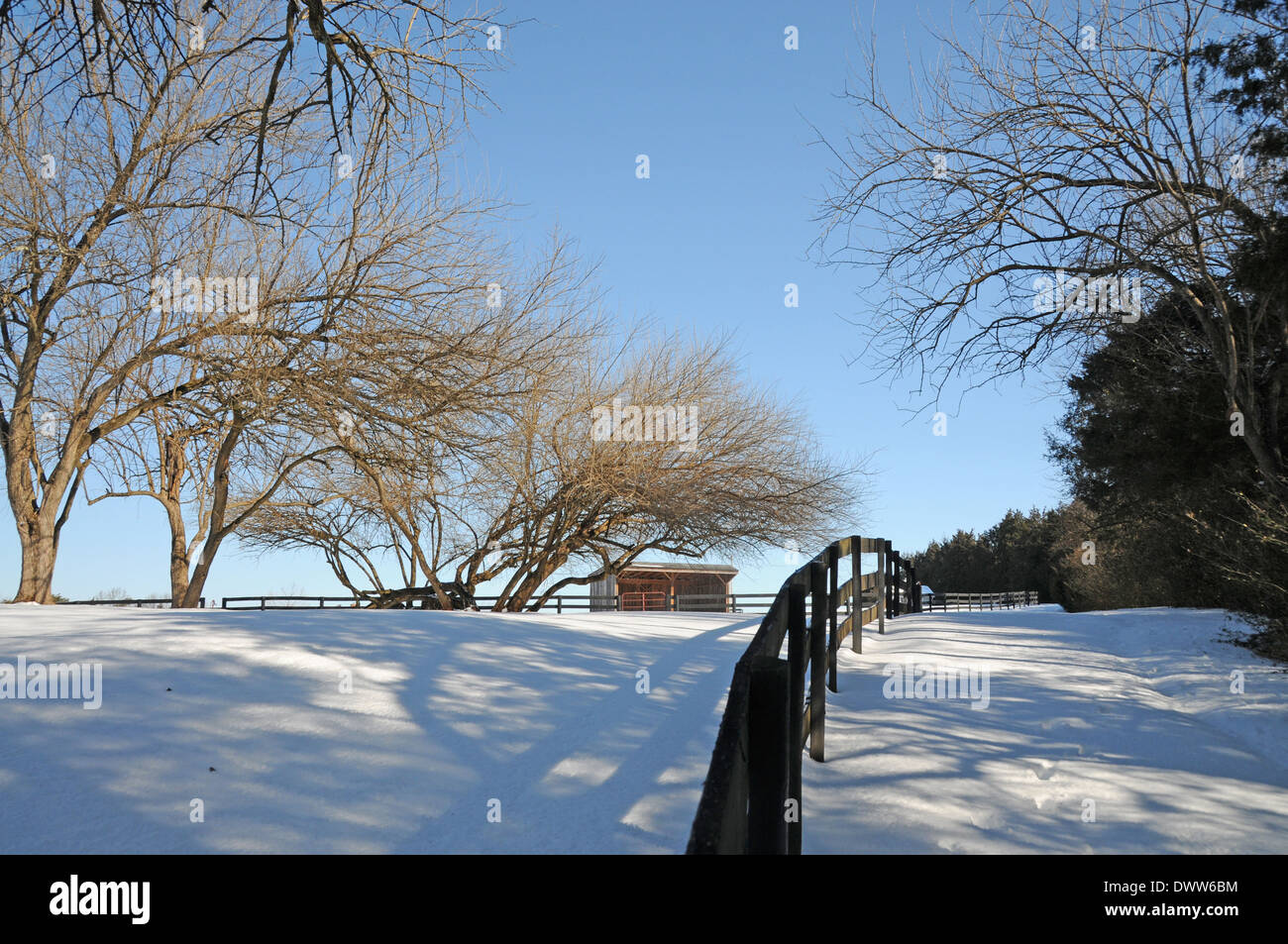Virginia Scottsville Winter Snow Farm Fence Stock Photo