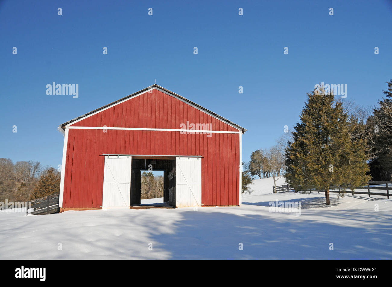 Virginia Scottsville Winter Snow Farm Red Barn Stock Photo