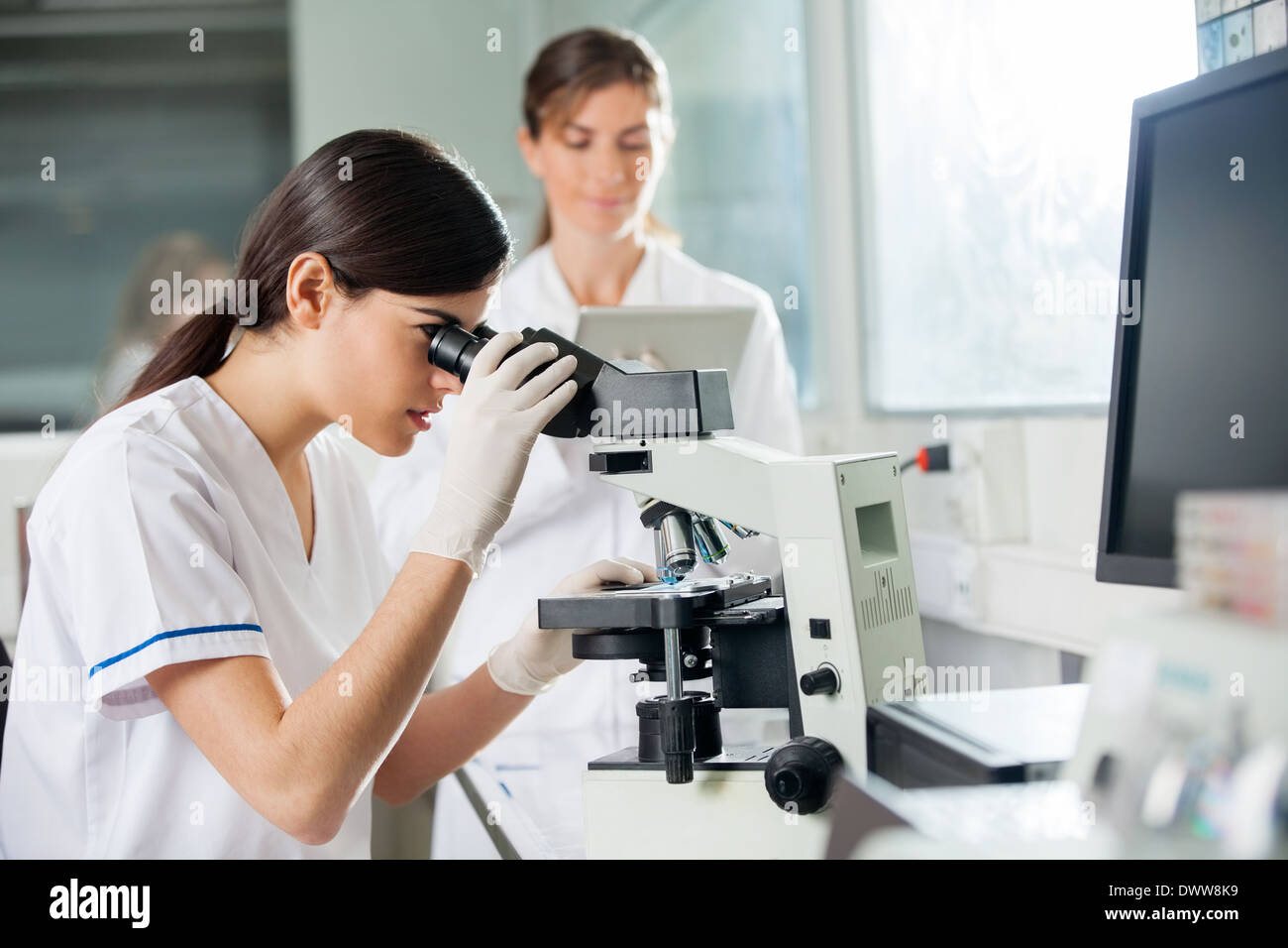 Female Researcher Looking Through Microscope Stock Photo Alamy