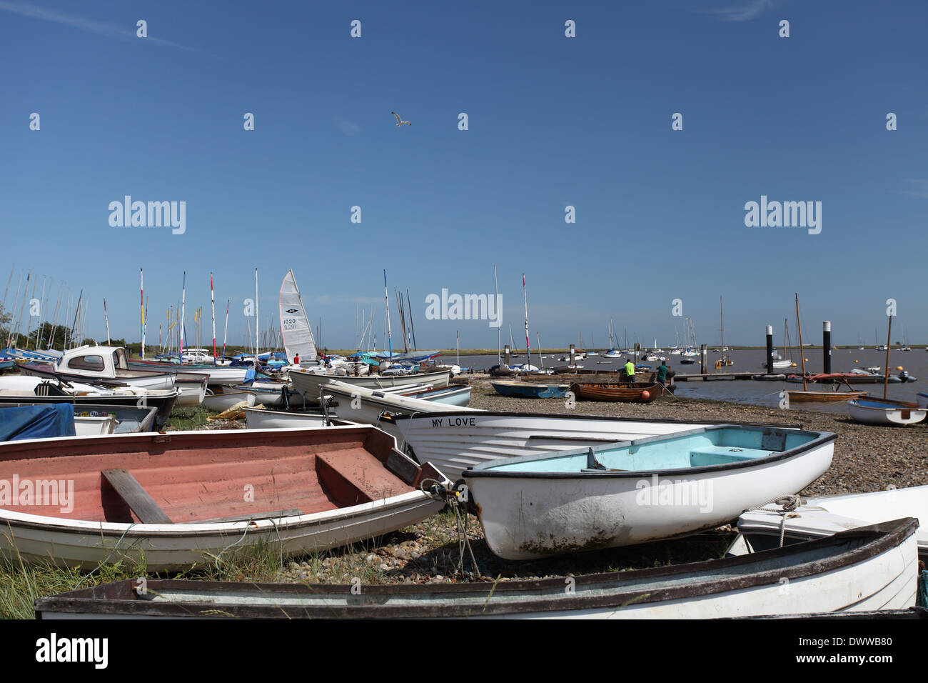 Boats on the quayside at Orford Quay, Suffolk Stock Photo