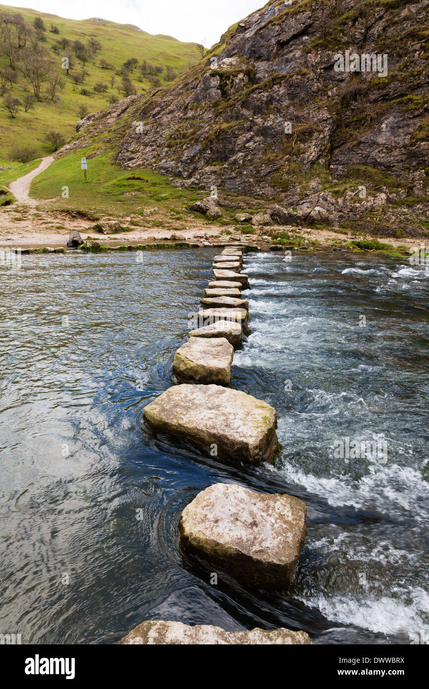 Stepping stones over the River Dove, Dovedale, Peak District, Derbyshire Stock Photo