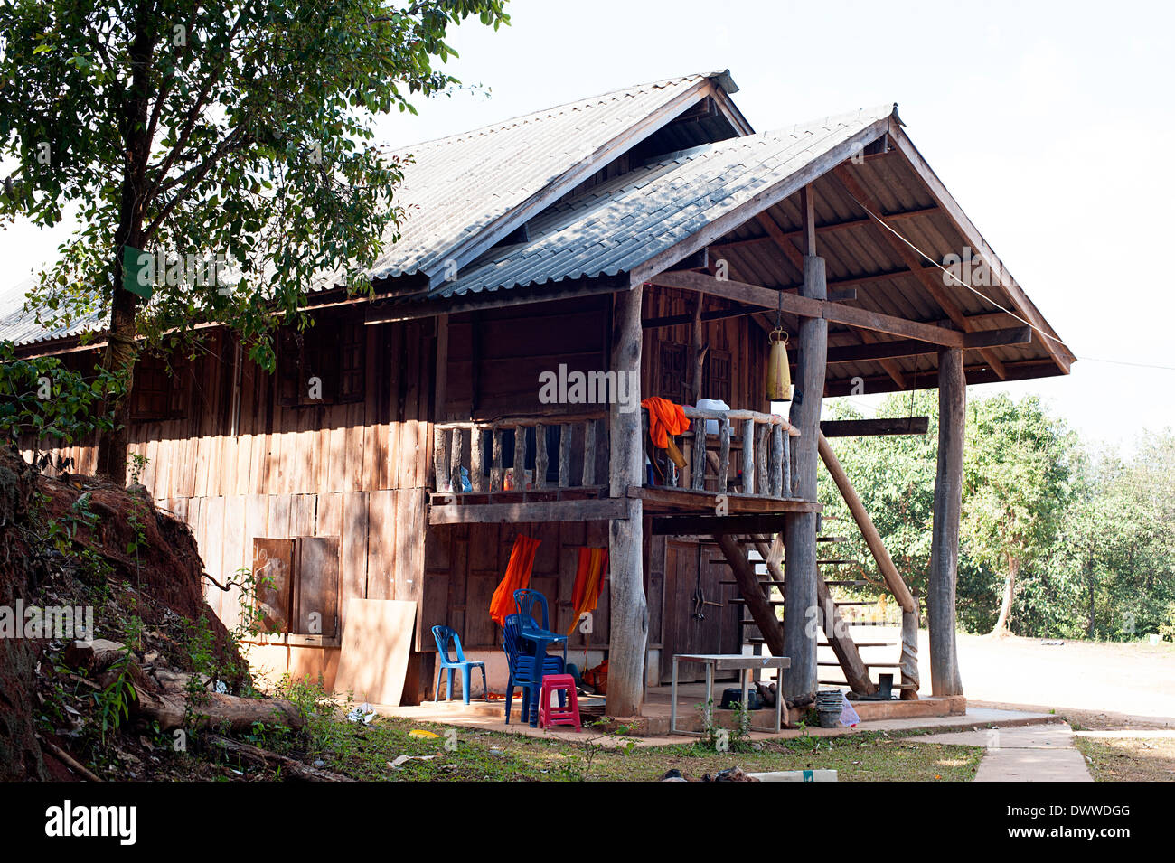 Monks live in traditional wooden stilt house in Huay Pakoot village in