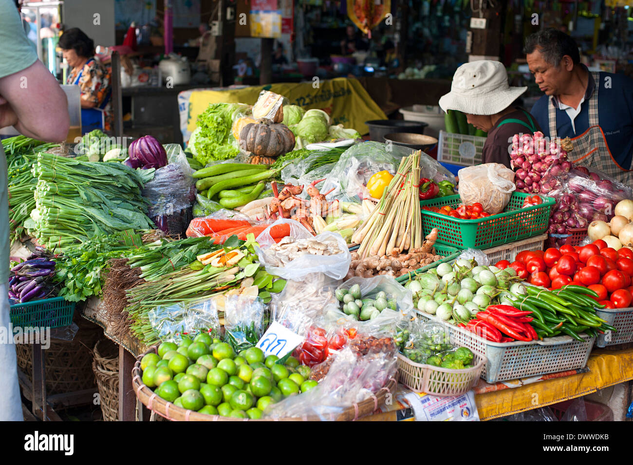 Fruit and vegetable stalls in market near Ping Canal in Chiang Mai