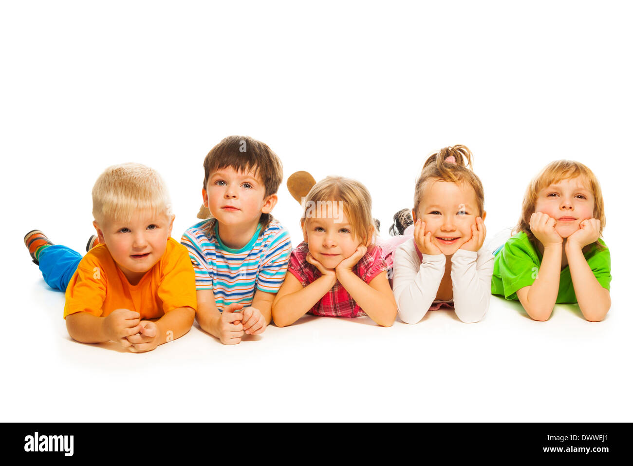 Large group of happy little kids inlaying isolated on white Stock Photo