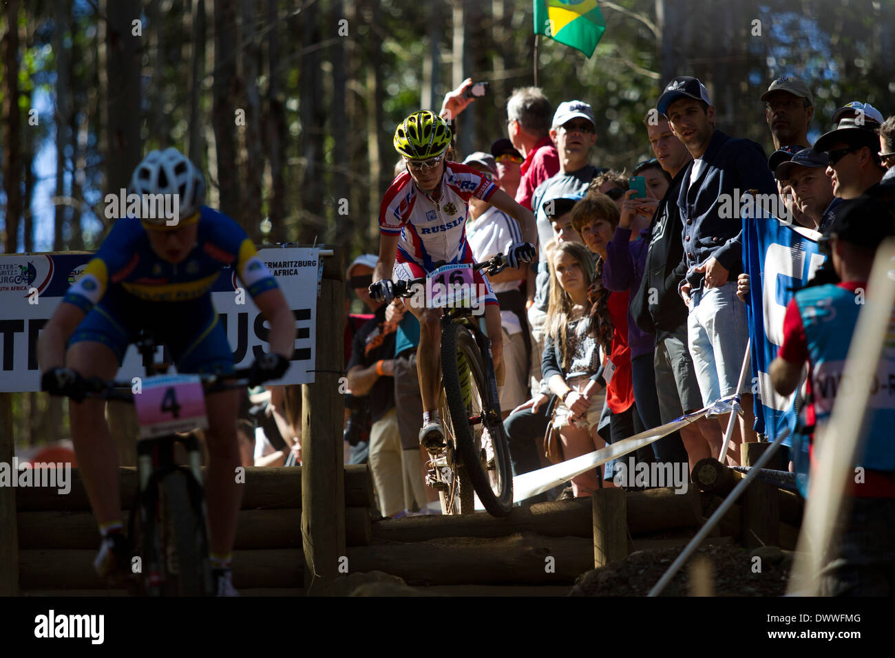 Riders negotiate a drop-off at the UCI World Championships at the Cascades Mountain Bike Park in Pietermaritzburg, 31 August, Stock Photo