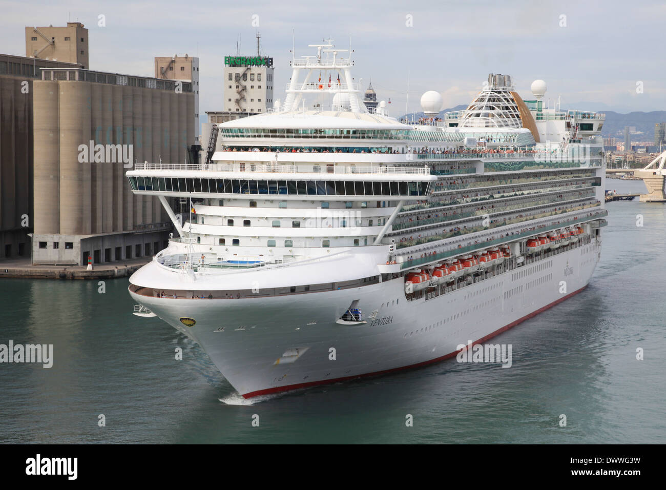 P & O Cruises ship mv Ventura leaving Barcelona harbor Spain Stock Photo