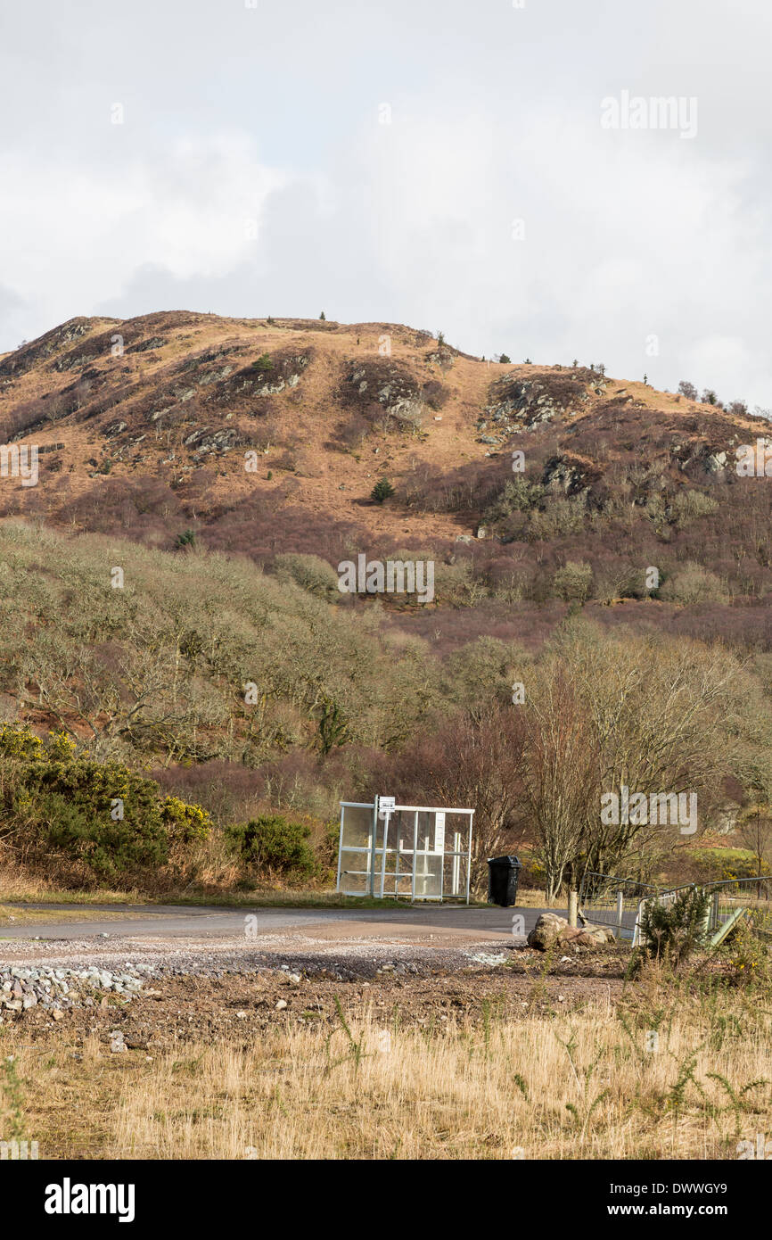 A very lonely bus stop at Portvadie, west coast of Scotland. Stock Photo