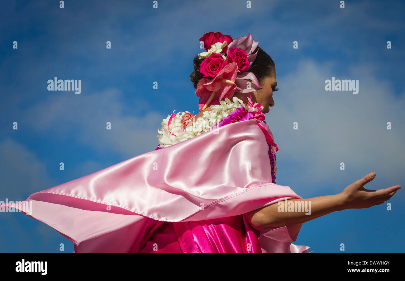 Pa'u Rider, traditional Hawaiian horsewoman in parade Stock Photo