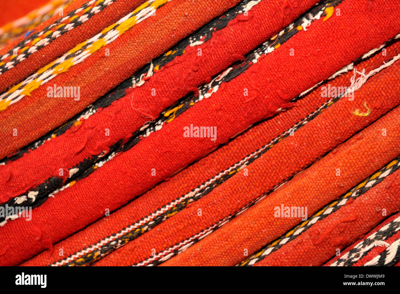 Traditional Moroccan fabric for sale in souk, Marrakech, Morocco Stock Photo