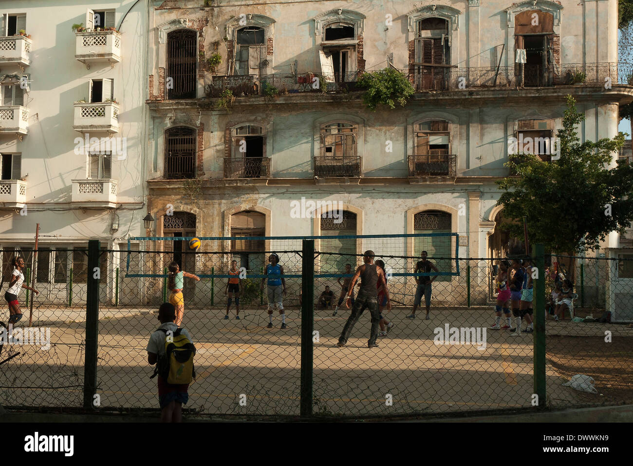 People playing volleyball in Plaza del Cristo in La Habana Vieja, Havana, Cuba Stock Photo