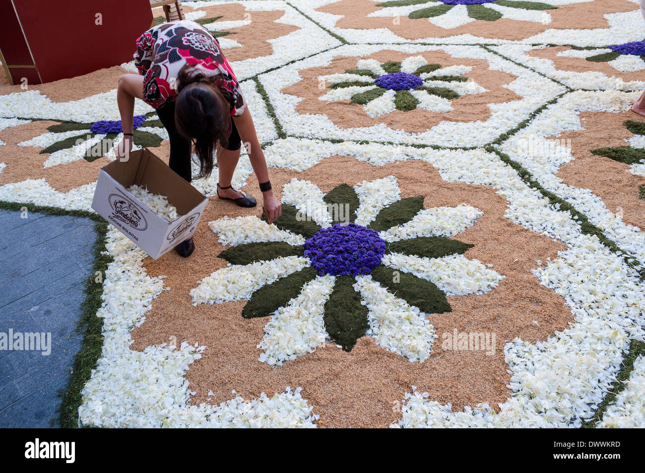 Streets adorned with flower carpets, Celebration of Corpus Christi, Calles adornadas con alfombras de flores,Sitges, El Garraf, Barcelona, Catalonia Stock Photo