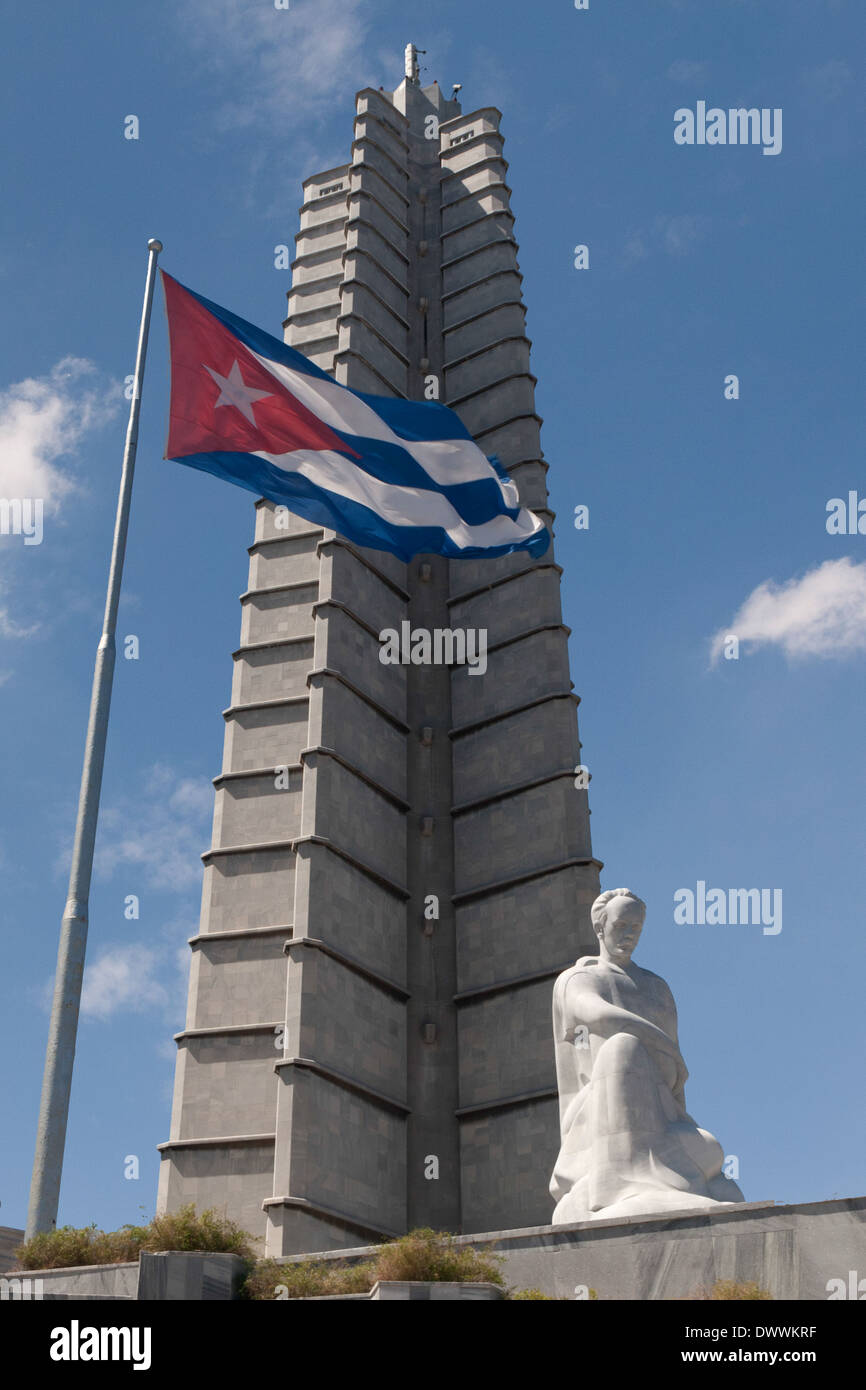 José Martí Memorial and Cuban flag in Plaza de la Revolución, Vedado, Havana, Cuba Stock Photo