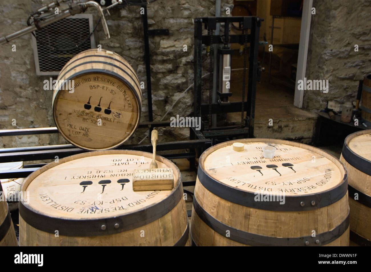 Station Used to Fill Barrels with White Whiskey for Aging at Woodford Reserve Distillery in Woodford County, Kentucky Stock Photo
