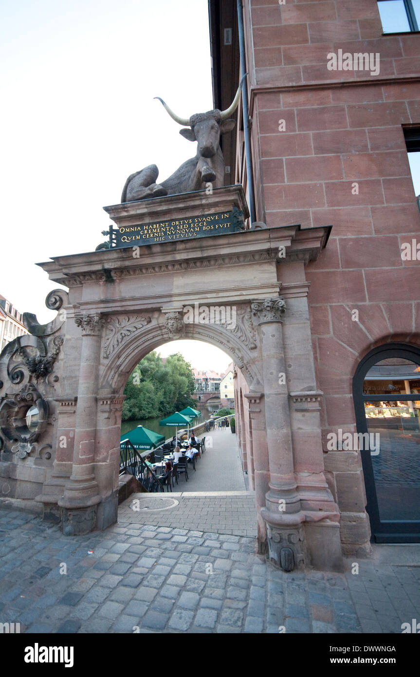 Germany, Bavaria, Nuremberg, Bull Statue Stock Photo