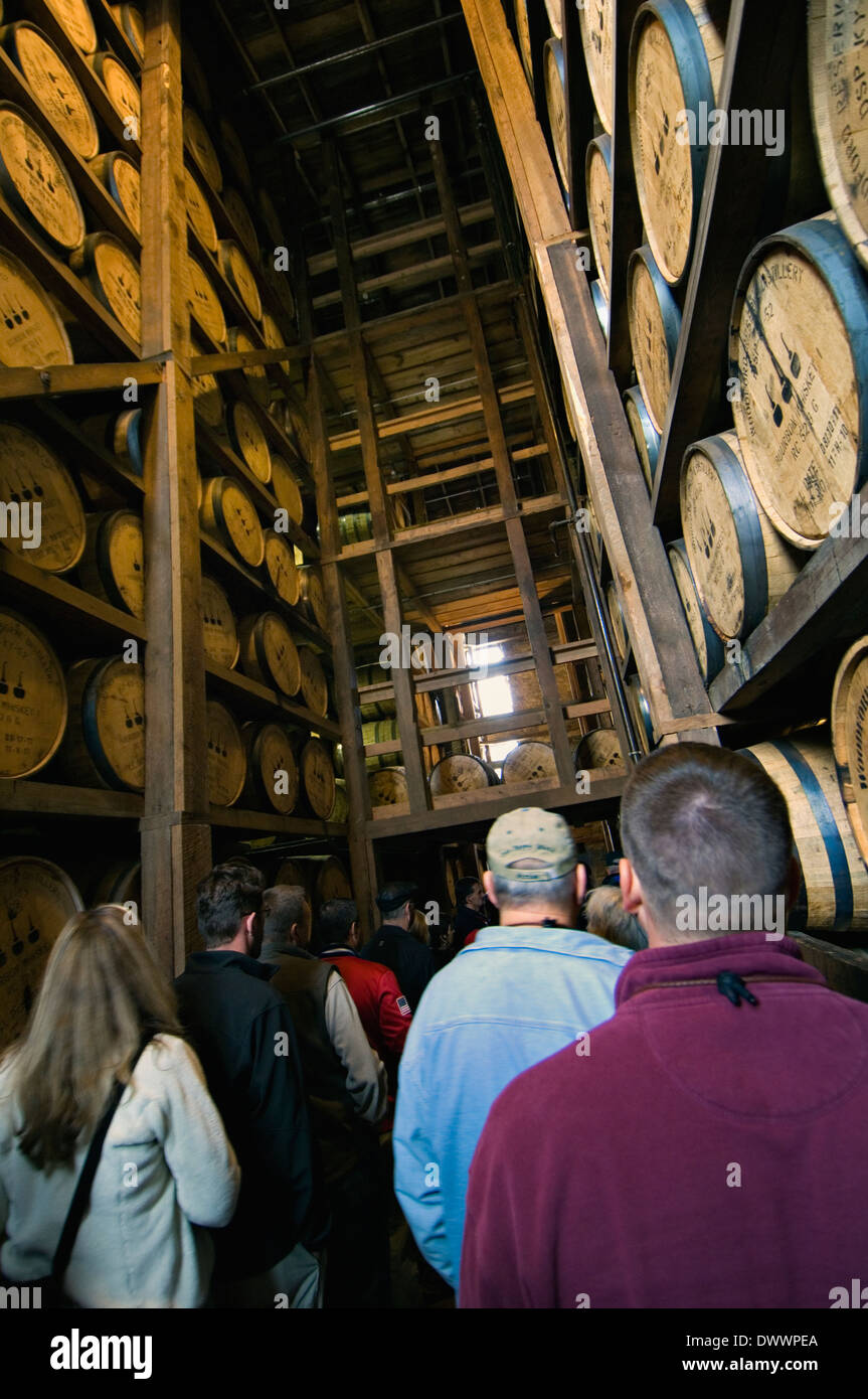Tour Group Visiting a Rick House at Woodford Reserve Distillery in Woodford County, Kentucky Stock Photo