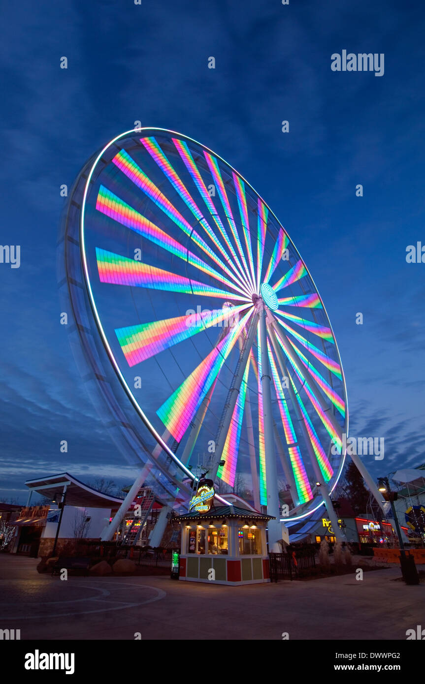 The Great Smoky Mountain Wheel at Twilight on the Island in Pigeon Forge, Tennessee Stock Photo