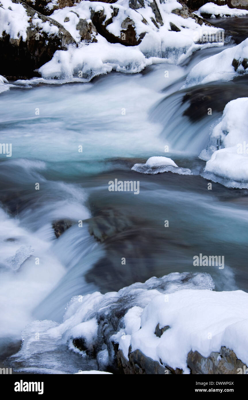 Snow and Ice on the Little Pigeon River in the Great Smoky Mountains National Park in Tennessee Stock Photo