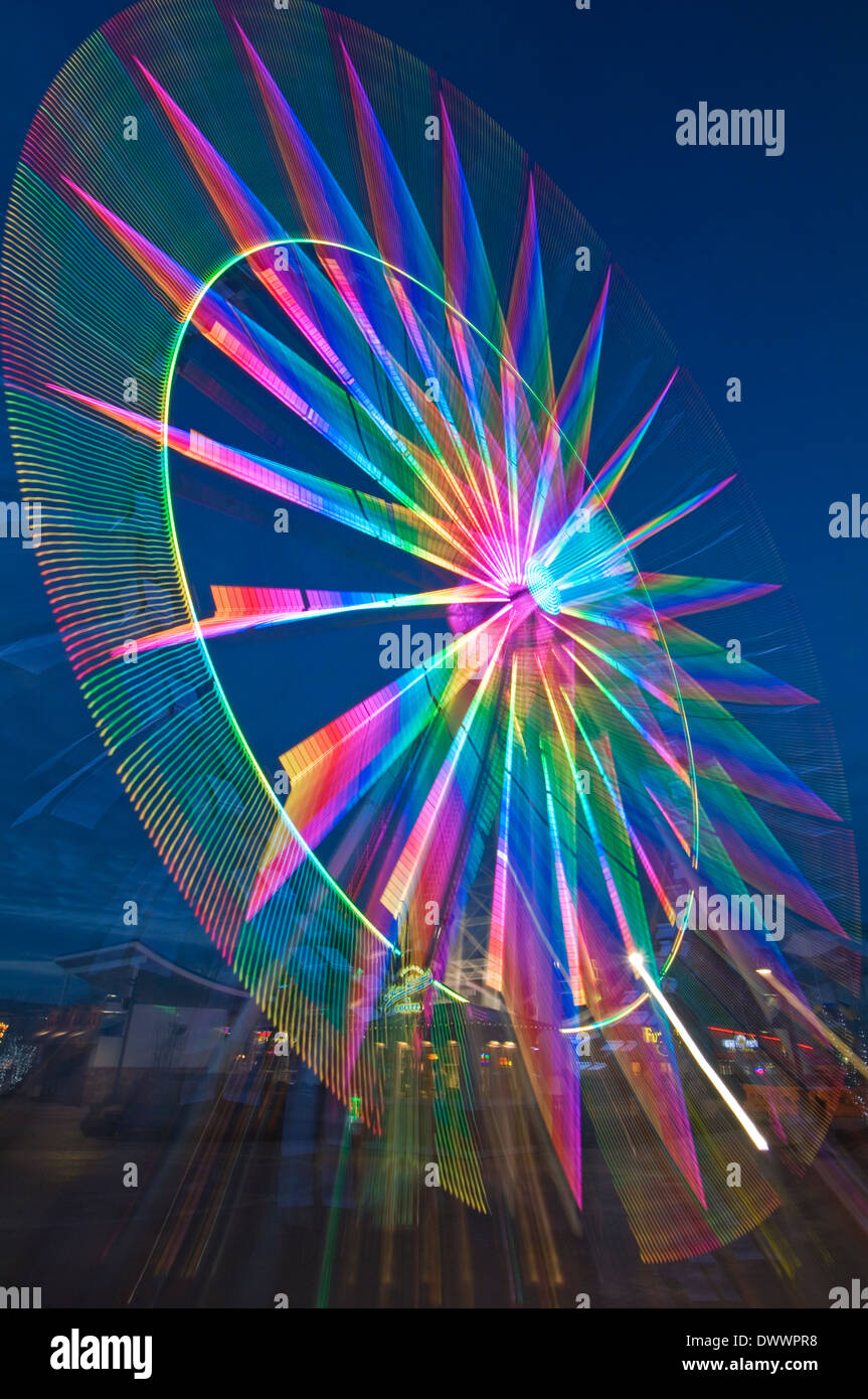 Motion Blur Image of The Great Smoky Mountain Wheel at Twilight on the Island in Pigeon Forge, Tennessee Stock Photo