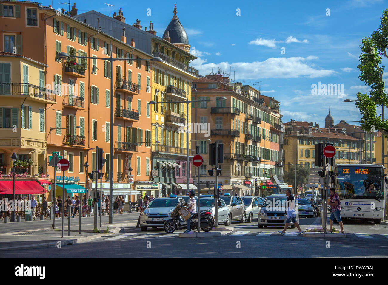 A busy street in the city of Nice on the Cote d'Azur on the French Riviera in the South of France. Stock Photo