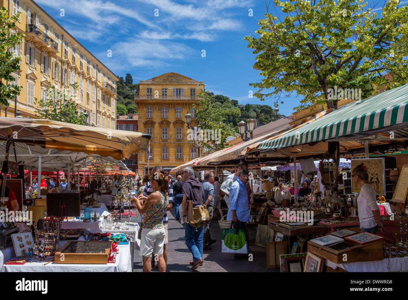 A busy street market in the port of Nice on the Cote d'Azur on the French Riviera in the South of France. Stock Photo
