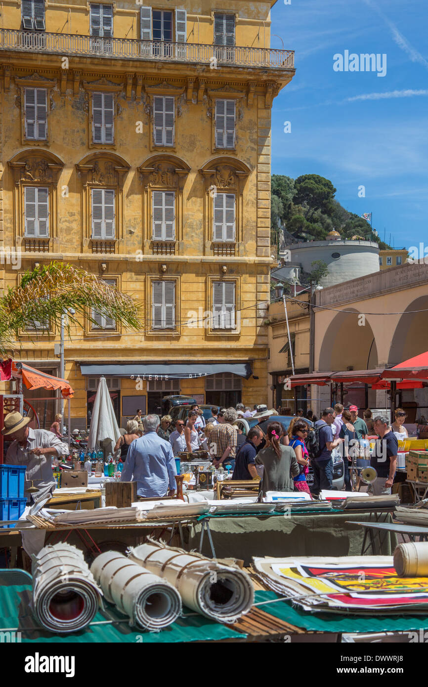 A busy street market in the port of Nice on the Cote d'Azur on the French Riviera in the South of France. Stock Photo