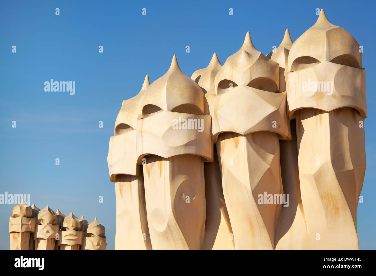 Gaudi Chimneys statues at Casa Mila, Barcelona, Spain Stock Photo