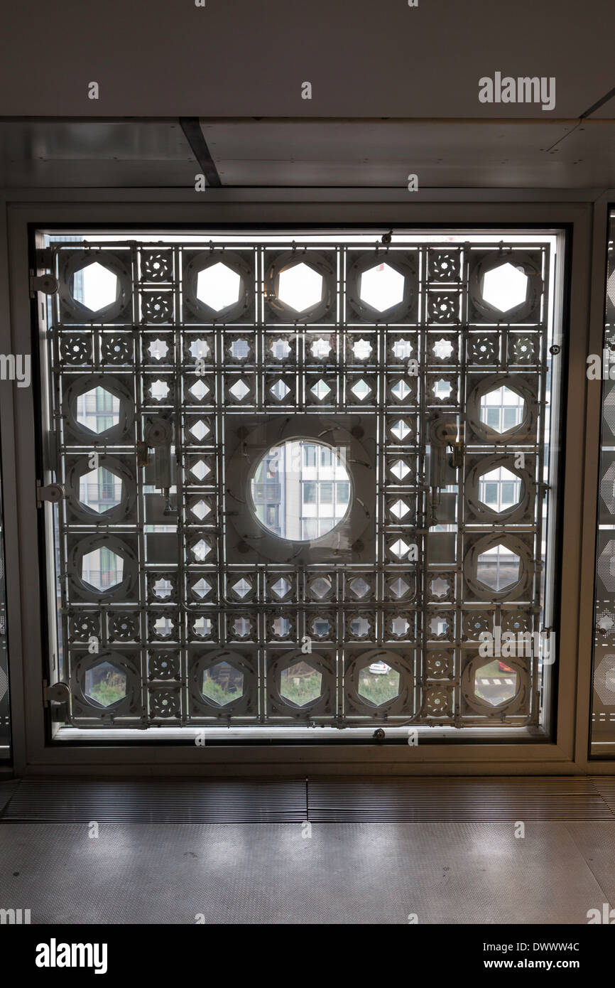 Interior view of the photo-sensitive motor-contolled apertures of the Institut du Monde Arabe, Paris, France Stock Photo