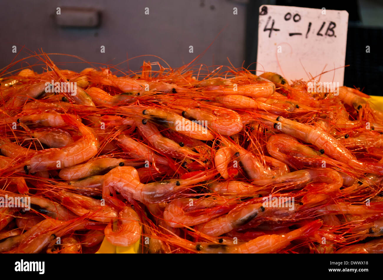 Pile of freshly caught Sidestripe or Giant Shrimp for sale at the fish market in Steveston, British Columbia, Canada. Stock Photo