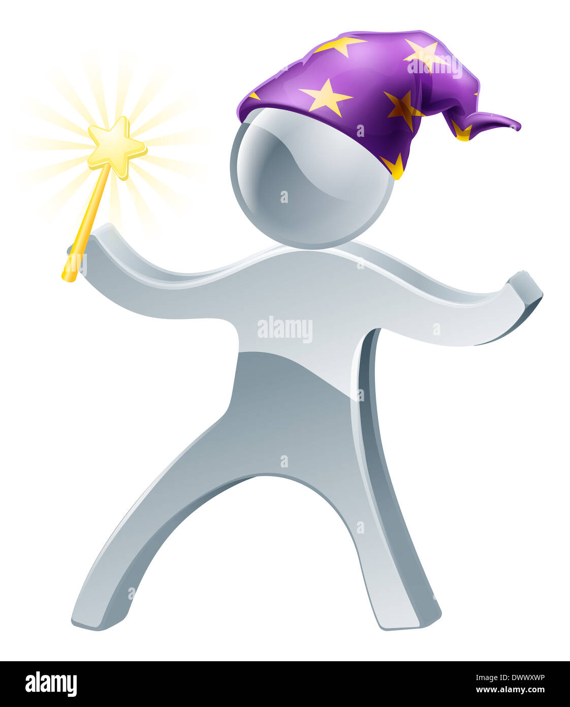 A silver wizard mascot waving a wand with and wearing a pointy hat Stock Photo