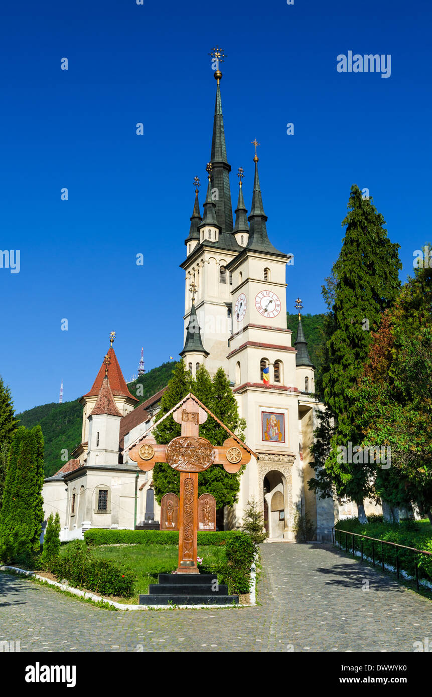Brasov, Romania. Saint Nicholas Church, orthodox religion building in Transylvania, was built in 1292 AD in Gothic style Stock Photo