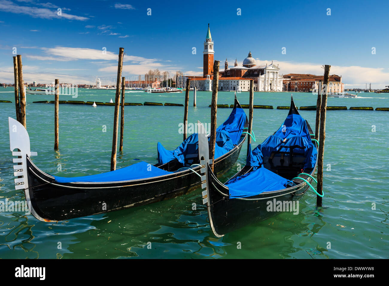 Venice, Italy. Gondolas on the dock of Piazza San Marco, Venice international landmark of Italy. Stock Photo