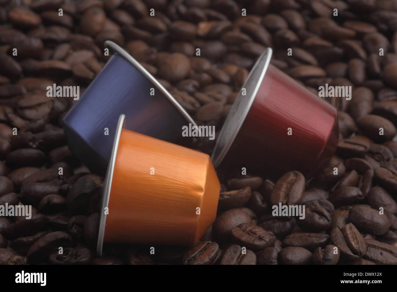 various coffee capsules and coffee beans Pictured 21.01.2014 Stock Photo