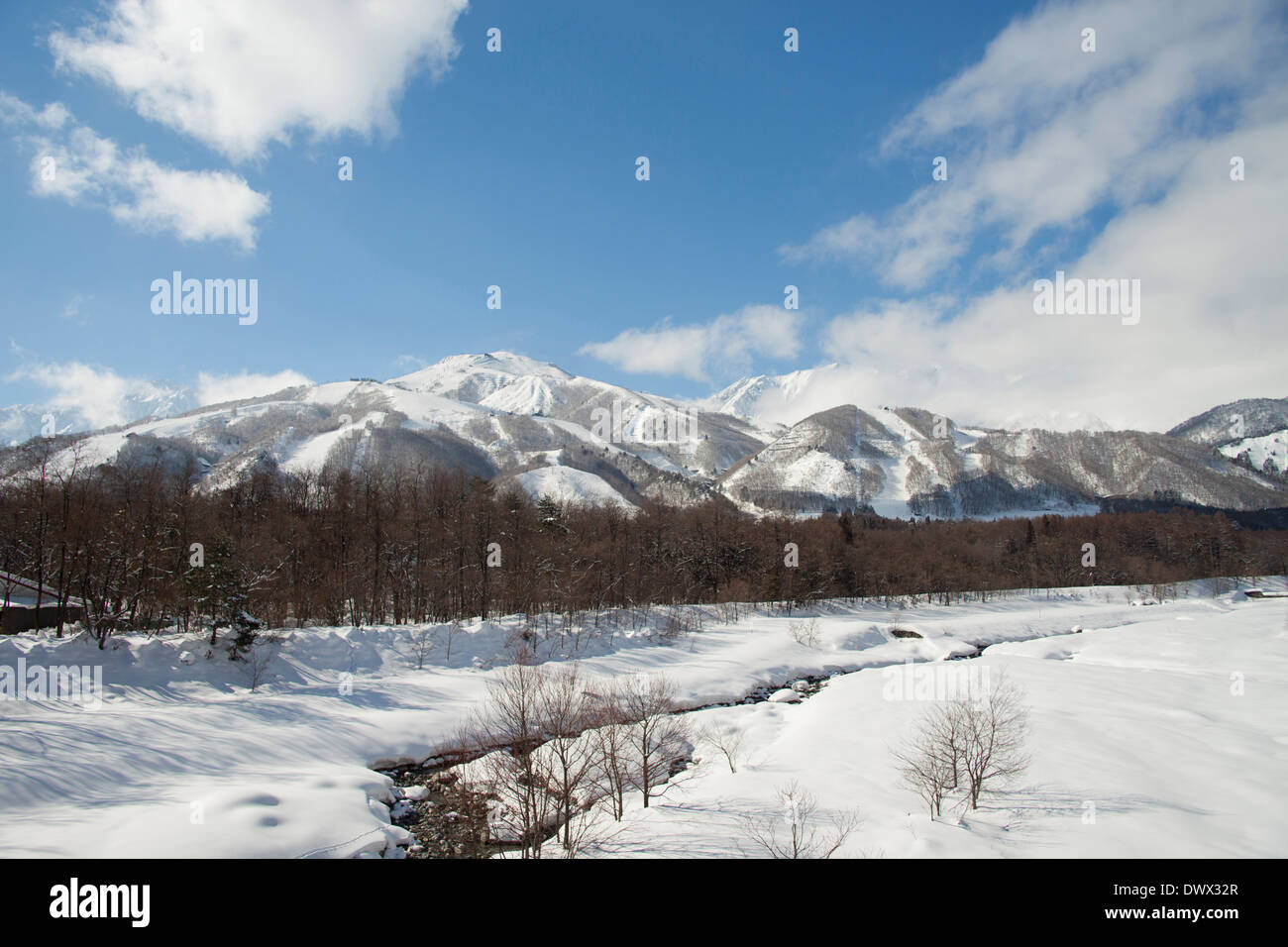 Hakuba Village covered in snow, Nagano, Japan Stock Photo