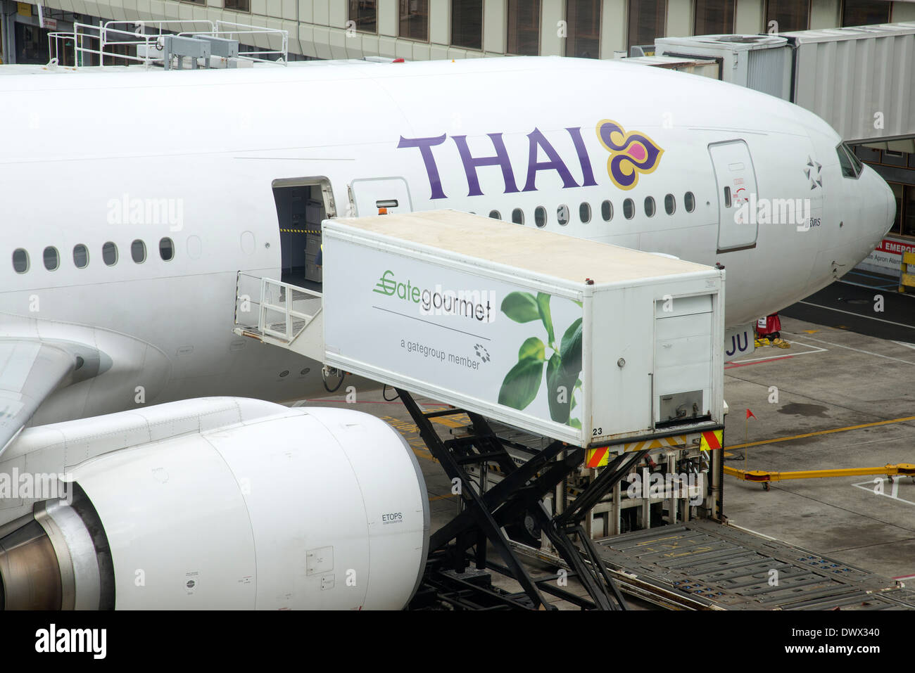 Thai Airways Boeing 777 on a stand at Auckland International Airport North Island New Zealand Stock Photo