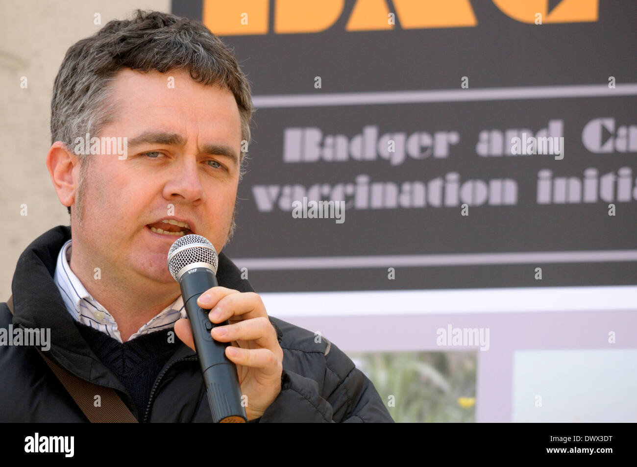 Dominic Dyer of the Badger Trust at an Anti badger cull protest outside parliament, 13th March 2014 Stock Photo