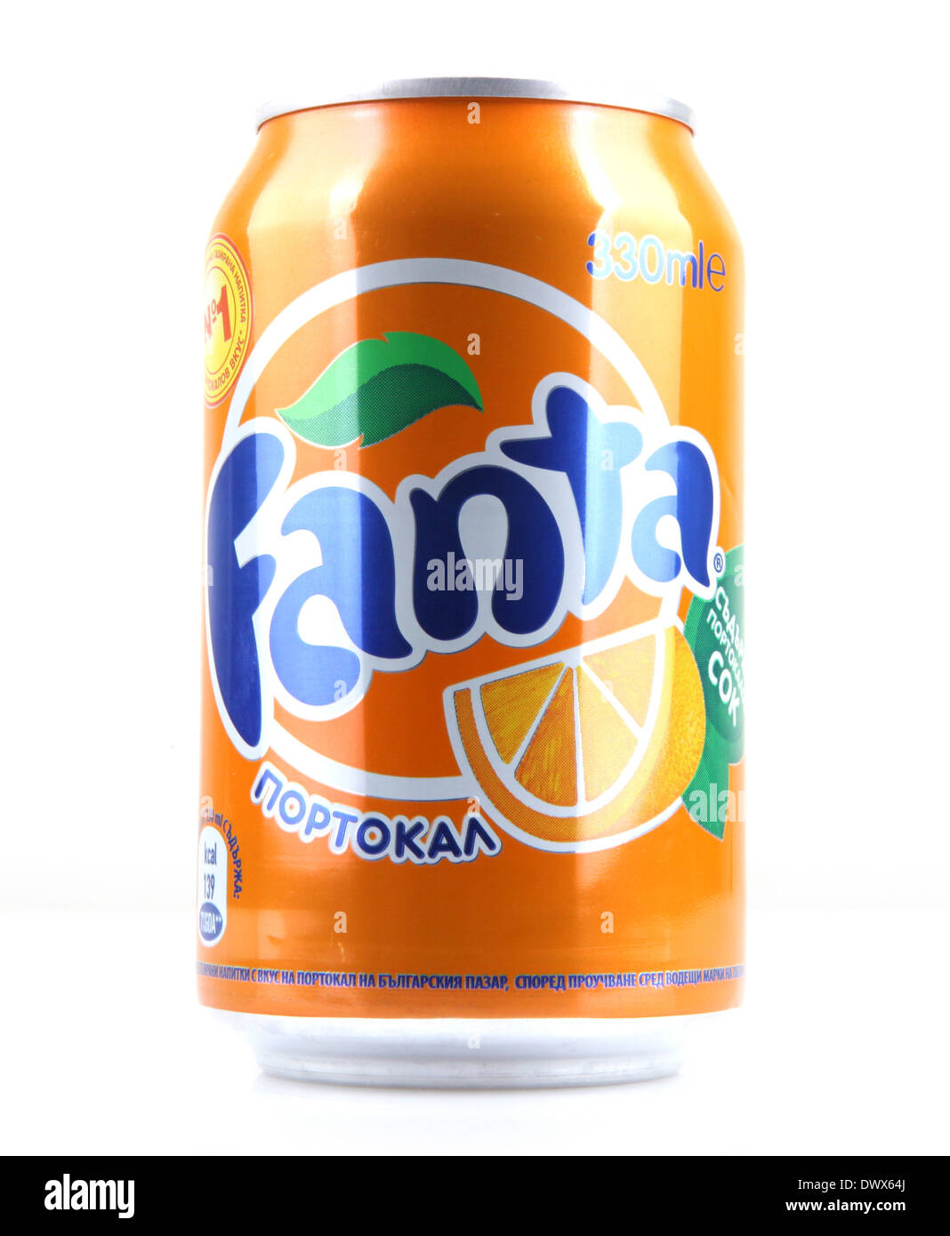 AYTOS, BULGARIA - MARCH 14, 2014: Fanta can isolated on white background. Fanta is a carbonated soft drink sold in stores, Stock Photo