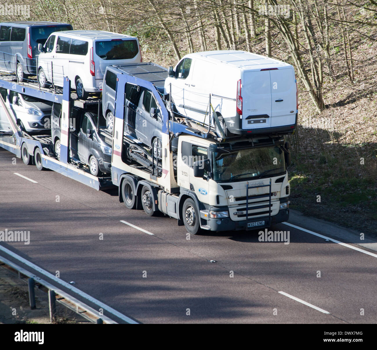 Ford Scania vehicle transporter on A12 road, Suffolk, England Stock Photo