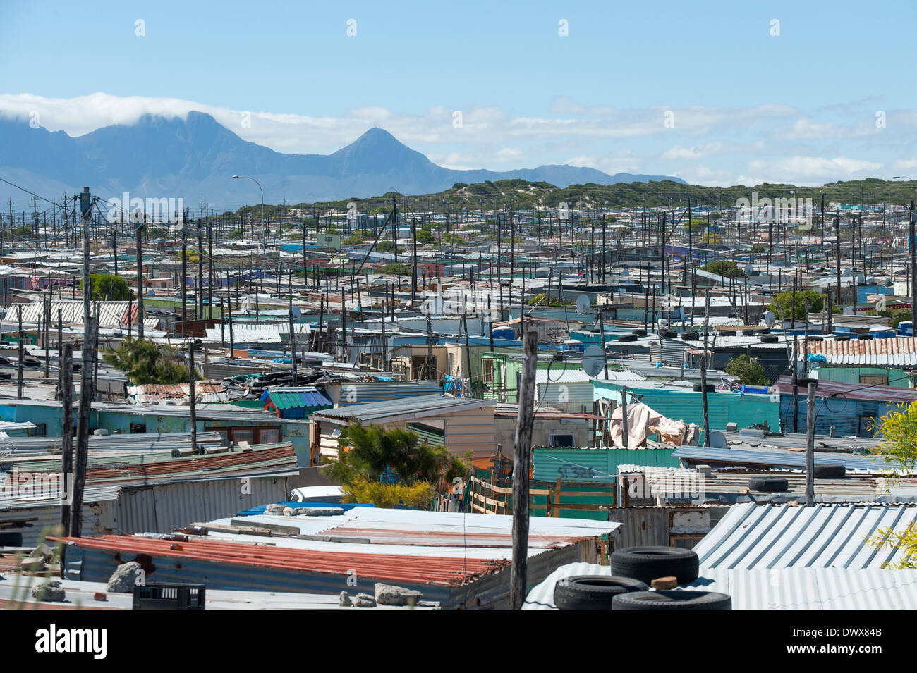 Panoramic view over corrugated-iron huts in Khayelitsha, Cape Town, Western Cape, South Africa Stock Photo