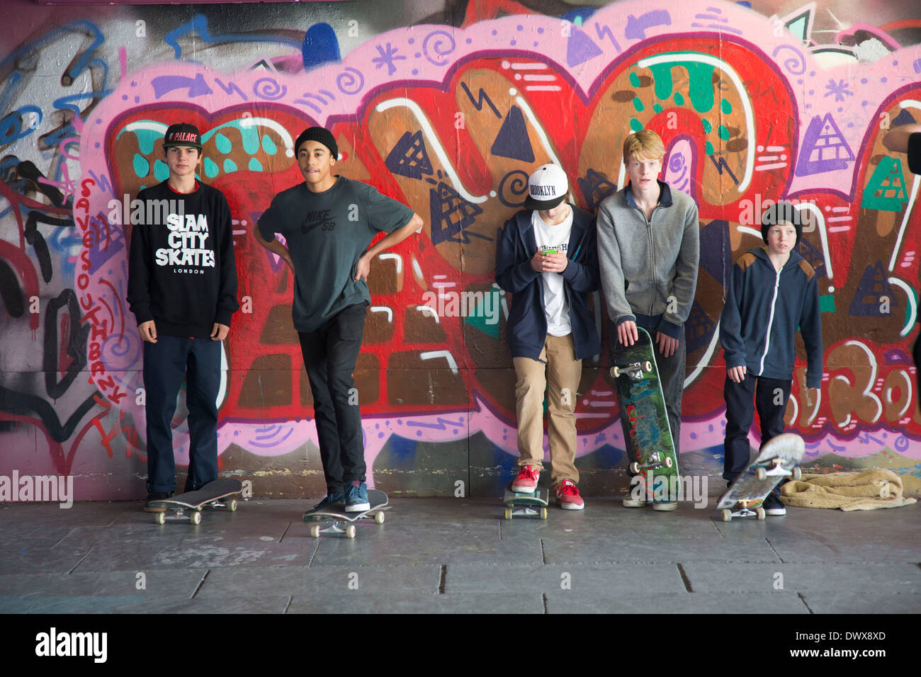 The undercroft of the Queen Elizabeth Hall on the South Bank has been popular with skateboarders since the 1970s. London, UK. Stock Photo